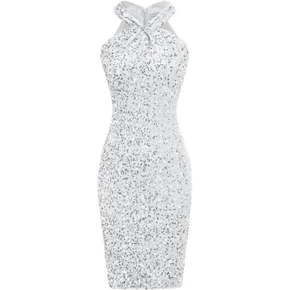 Womens Sequin Dress Sleeveless Sparkly Glitter Halter White - Picture 1 of 4